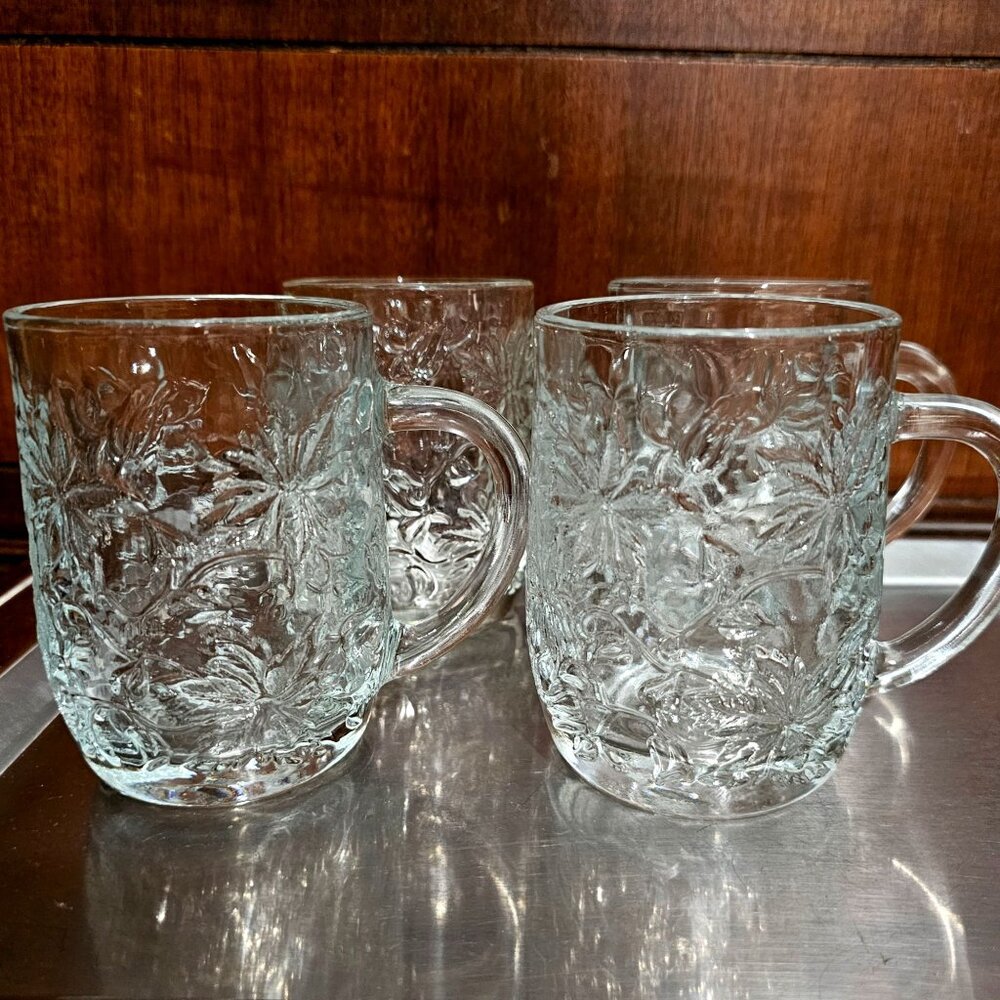 4 Princess House Crystal Fantasia Coffee Mugs 4" poinsettia chintz floral teacup